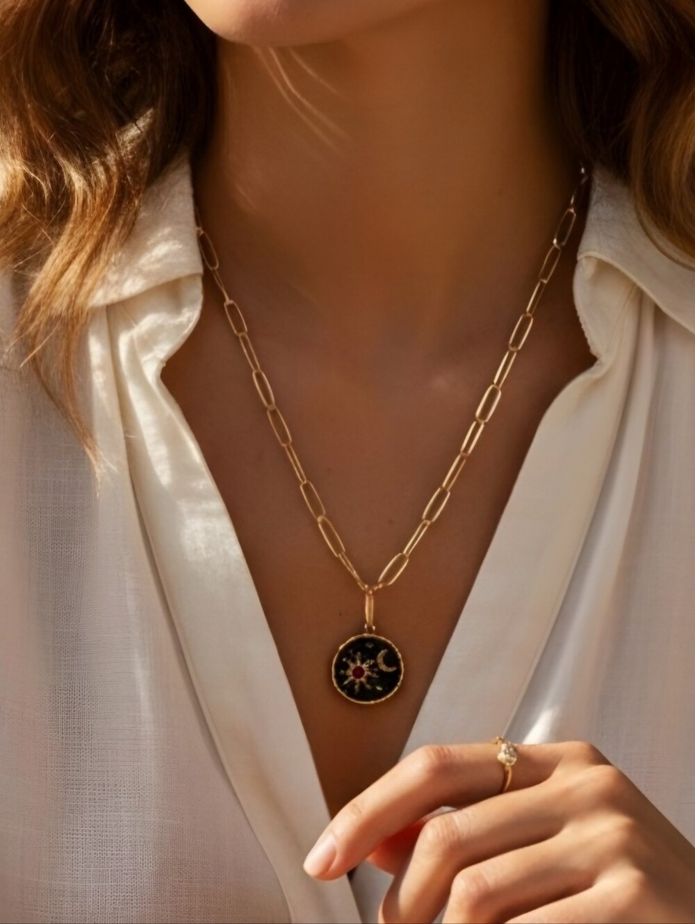 Sun Moon Celestial Coin Pendant Necklace Gold Paperclip Chain Boho Talisman NWOT